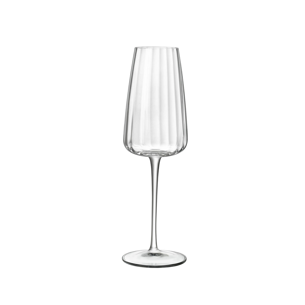 Front view of Luigi Bormioli Optica Sparkling Wine glass showcasing clear blown crystal glass and long stem with white background