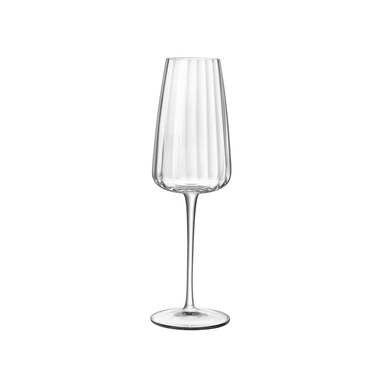 Front view of Luigi Bormioli Optica Sparkling Wine glass showcasing clear blown crystal glass and long stem with white background