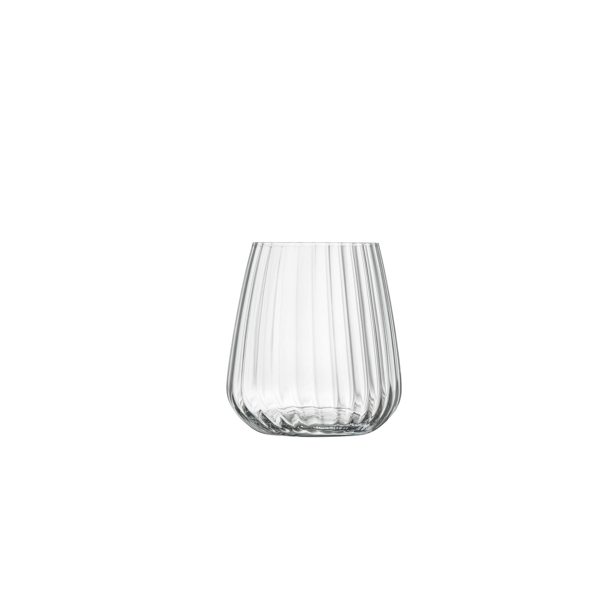 Front view of Luigi Bormioli Optica Stemless 45 showcasing clear fluted crystal glass with white background