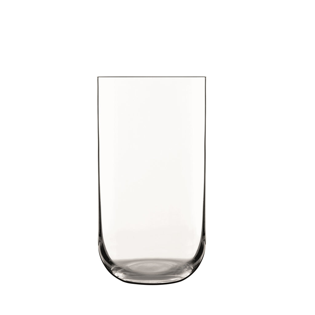 Front view of Luigi Bormioli Sublime Beverage tumbler showcasing clear blown crystal glass and rounded base on a white background