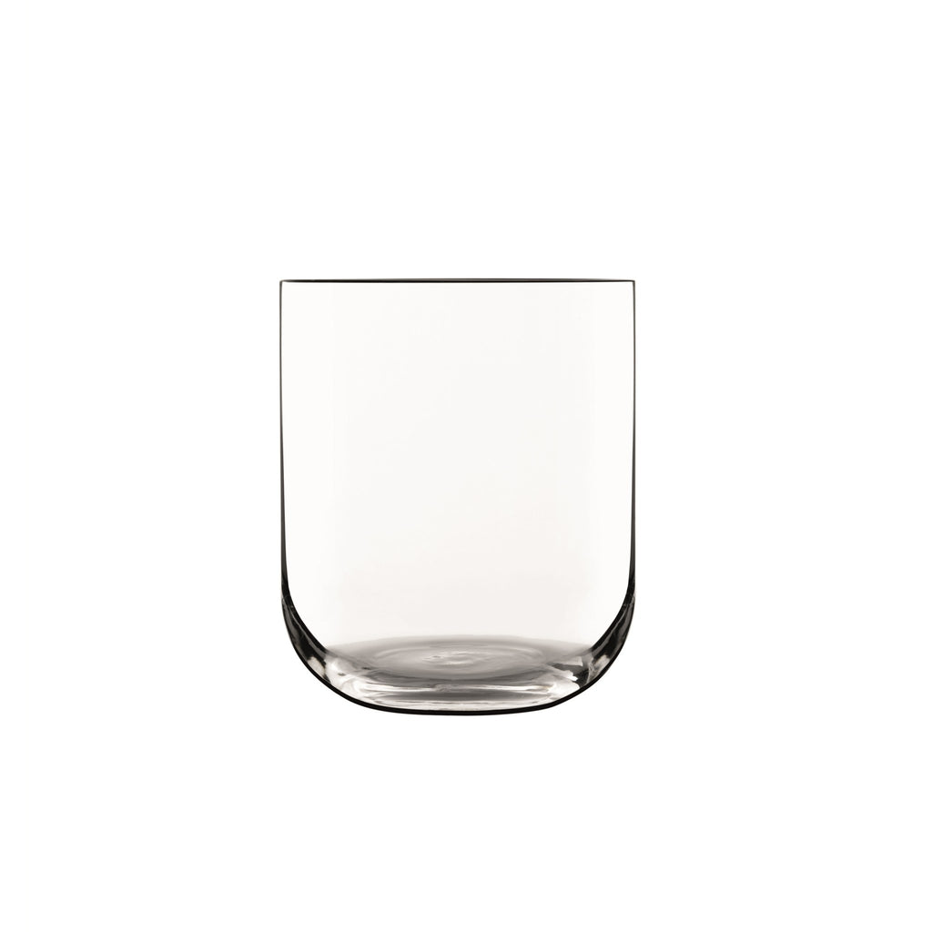 Front view of Luigi Bormioli Sublime DOF tumbler showcasing its clear glass and thick base on a white background