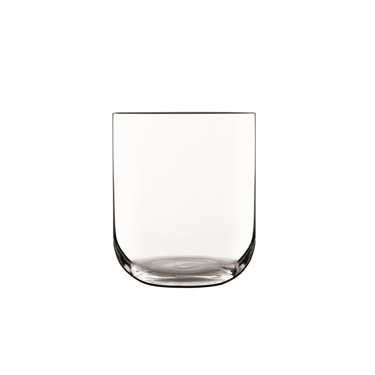 Front view of Luigi Bormioli Sublime DOF tumbler showcasing its clear glass and thick base on a white background