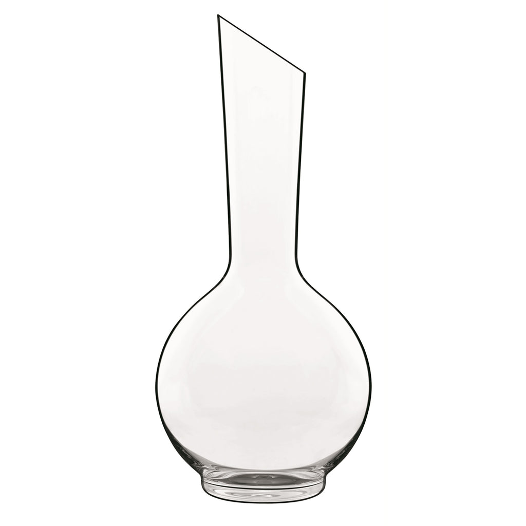Front view of Luigi Bormioli Sublime Decanter showcasing its round bowl and tall angled neck against a white background