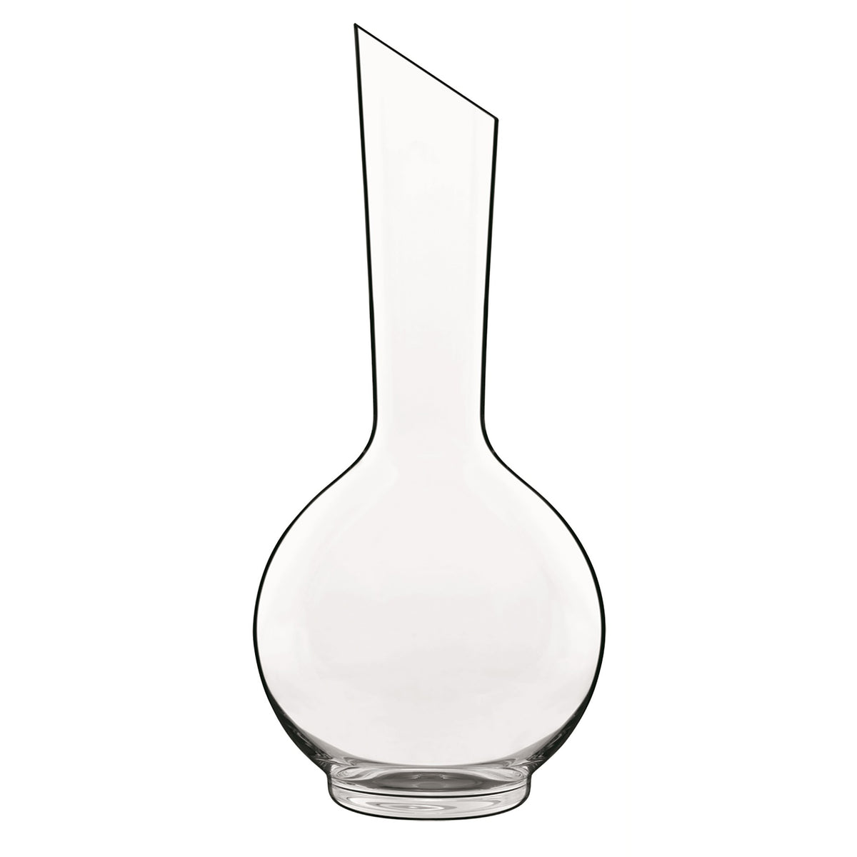 Front view of Luigi Bormioli Sublime Decanter showcasing its round bowl and tall angled neck against a white background