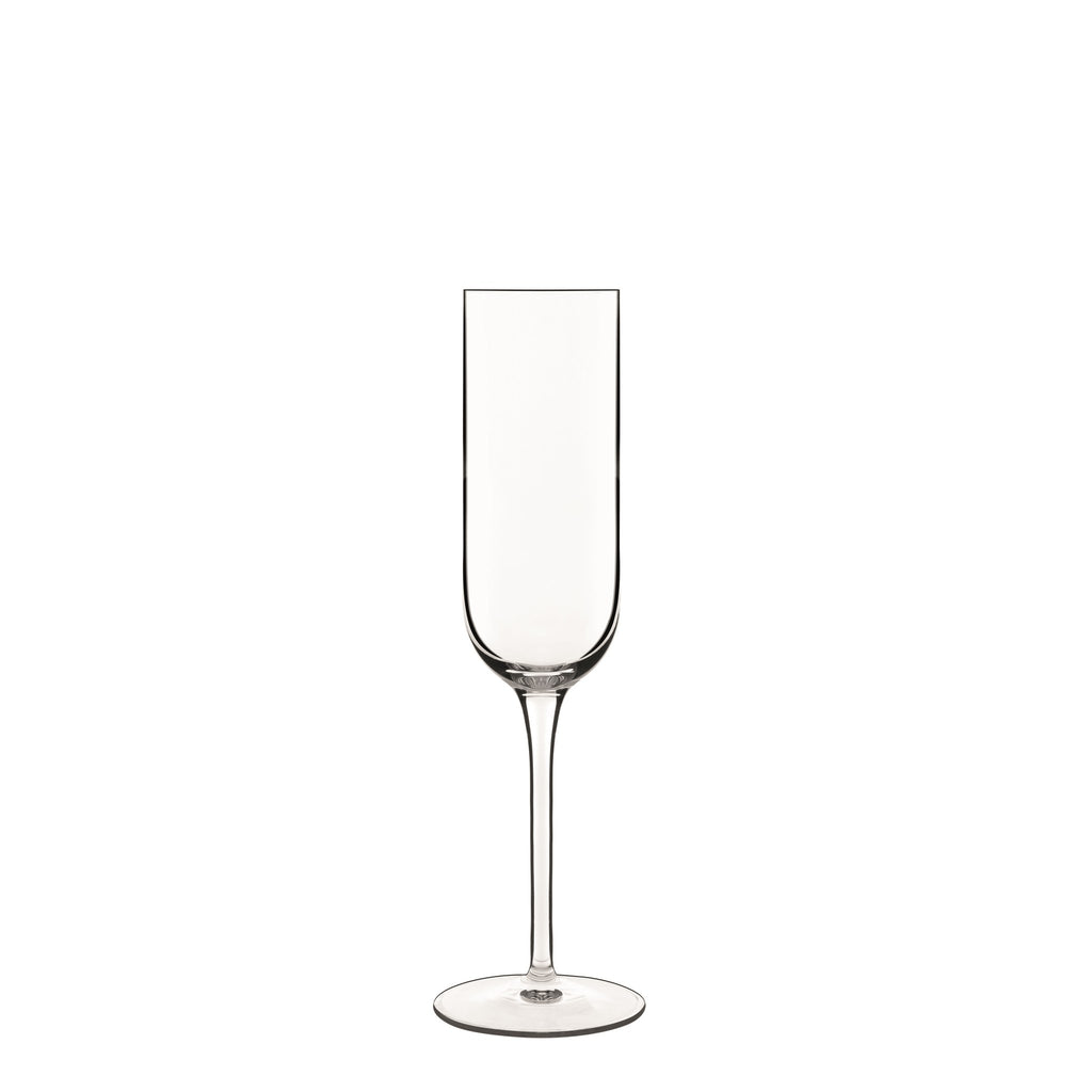 Front view of Luigi Bormioli Sublime Flute showcasing its tall narrow bowl and long stem with a white background