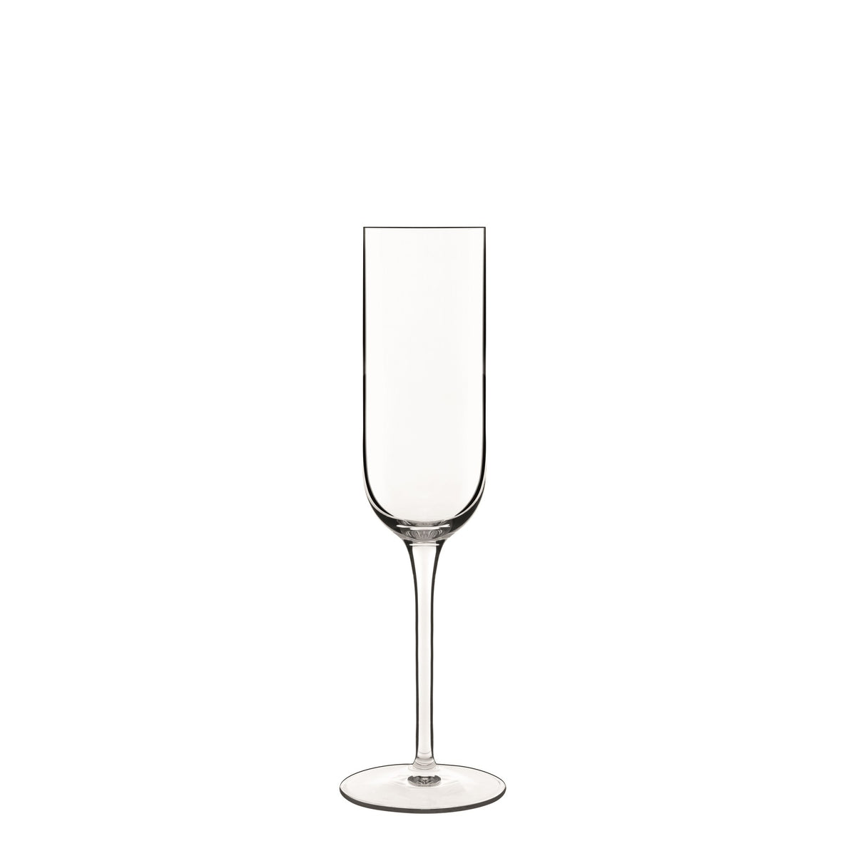 Front view of Luigi Bormioli Sublime Flute showcasing its tall narrow bowl and long stem with a white background