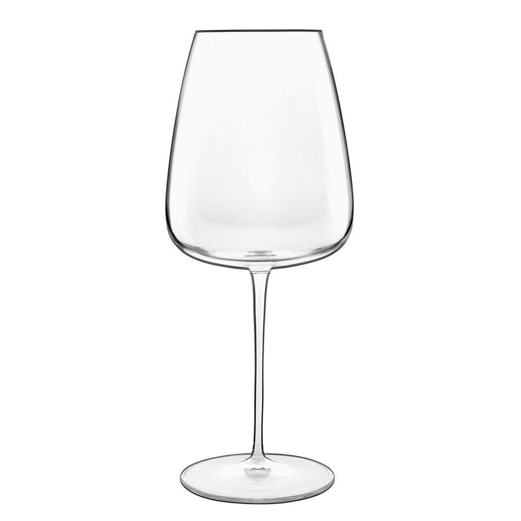 Front view of Luigi Bormioli Talismano Bordeaux wine glass showcasing its clear crystal bowl and slender stem on a white background