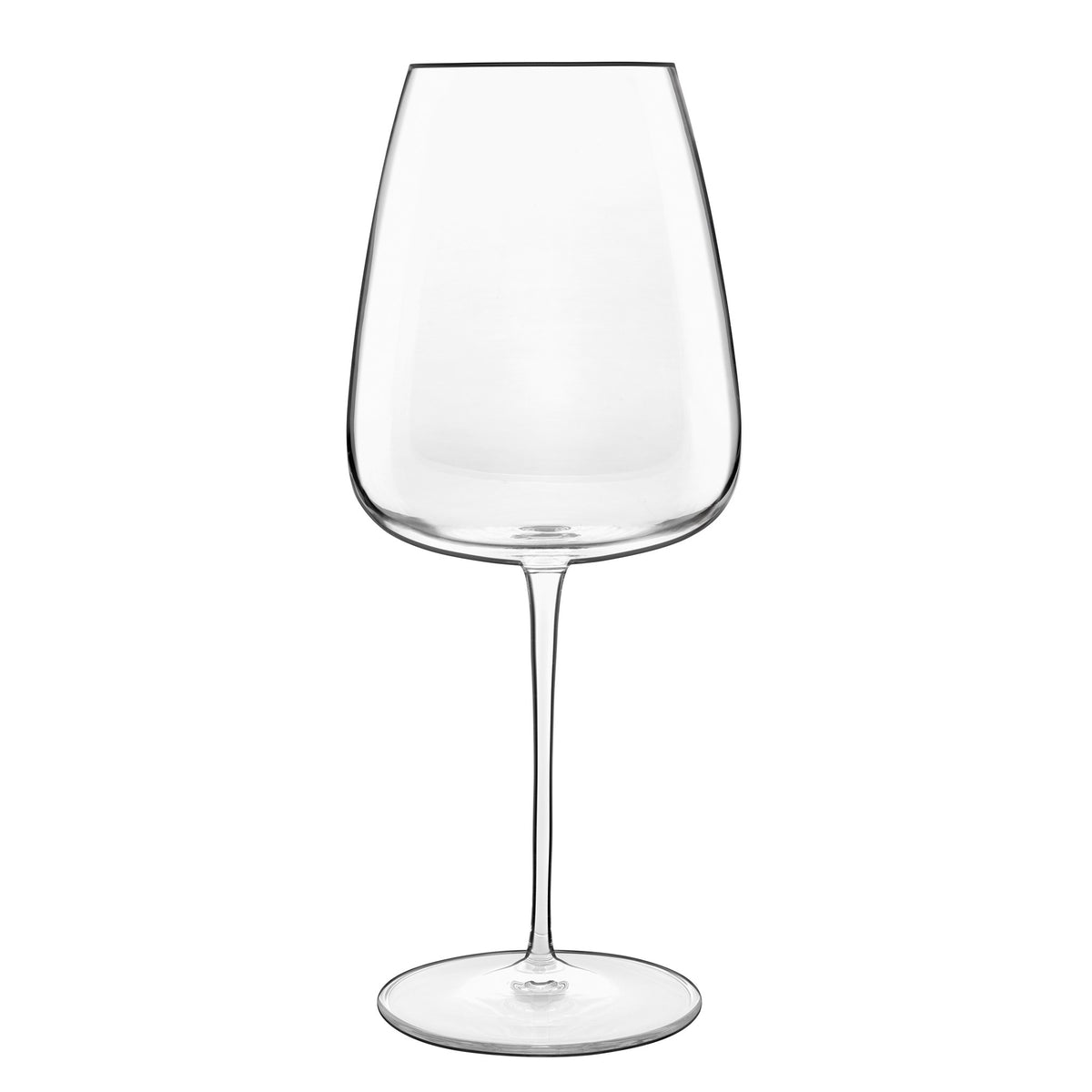 Front view of Luigi Bormioli Talismano Bordeaux wine glass showcasing its clear crystal bowl and slender stem on a white background