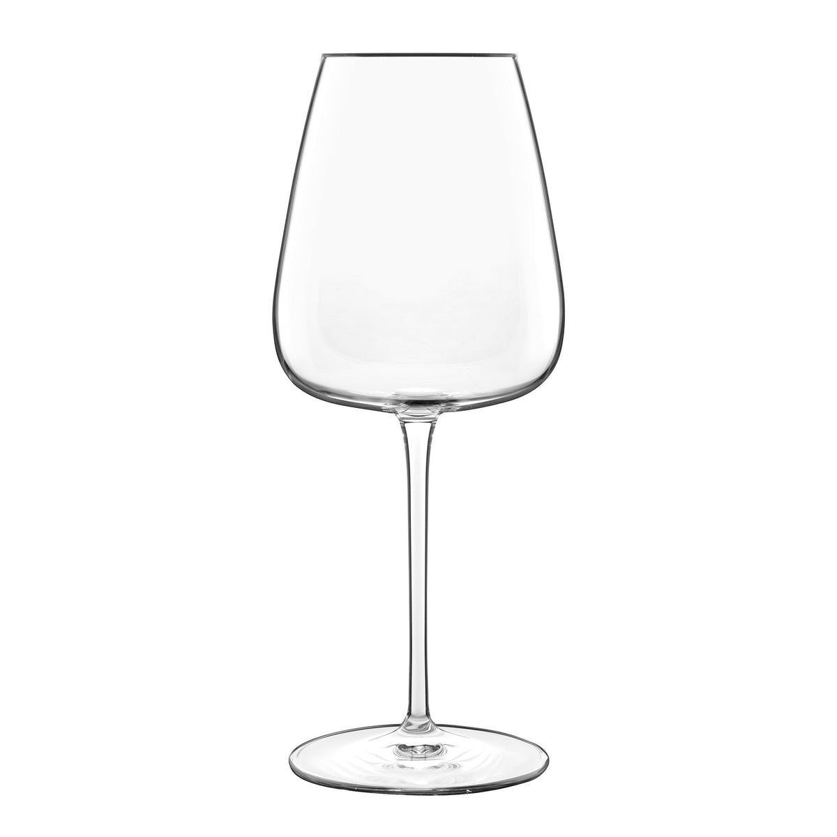 Front view of Luigi Bormioli Talismano Chardonnay wine glass showcasing clear crystal and slender stem on a white background