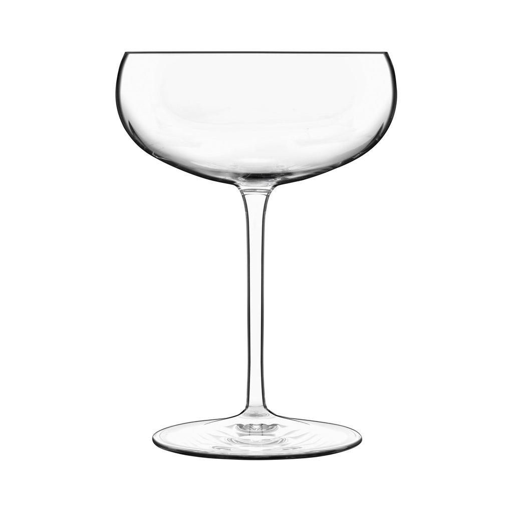 Front view of Luigi Bormioli Talismano Old Martini showcasing clear blown crystal glass and reinforced stem with white background