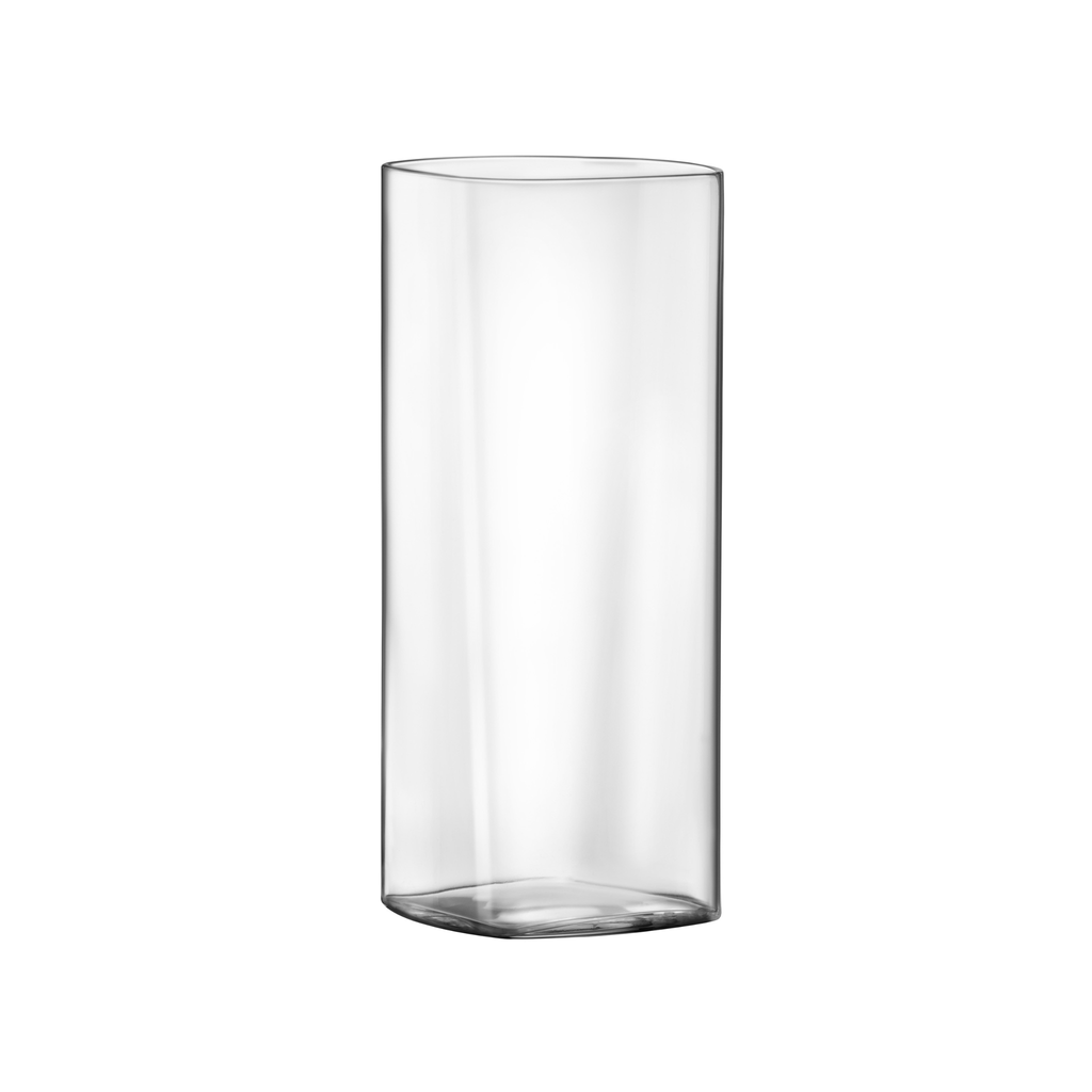 Front view of Luigi Bormioli Top Class Square Beverage tumbler showcasing its clear square profile on a white background