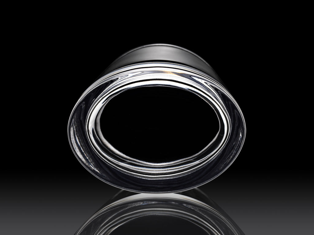 Top view of Luigi Bormioli Veronese DOF showcasing its clear glass opening against a black reflective background
