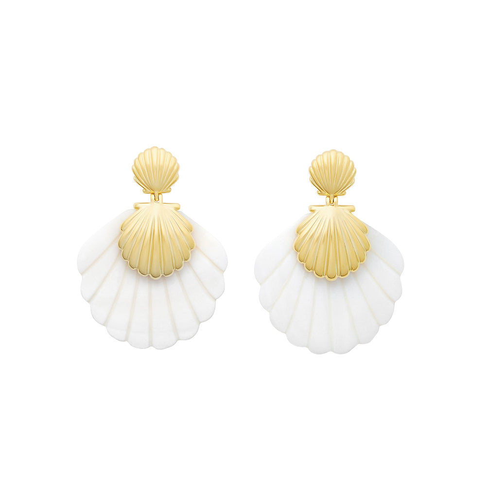 Front view of Lula earrings showing gold-plated scallop shells over white mother-of-pearl fan drops on white background