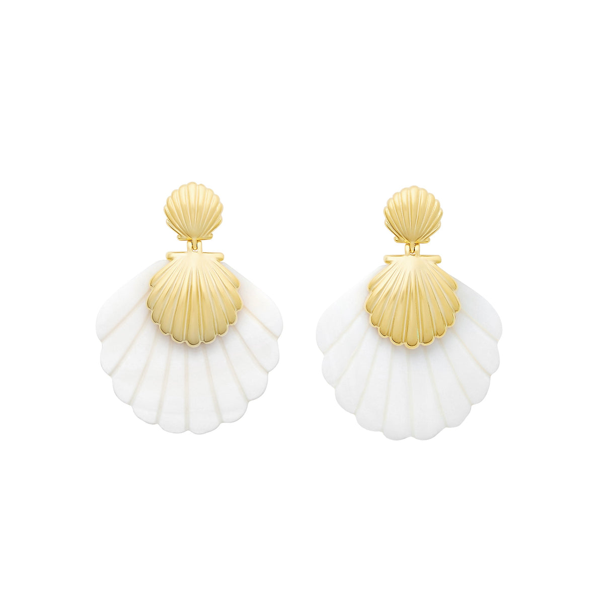 Front view of Lula earrings showing gold-plated scallop shells over white mother-of-pearl fan drops on white background