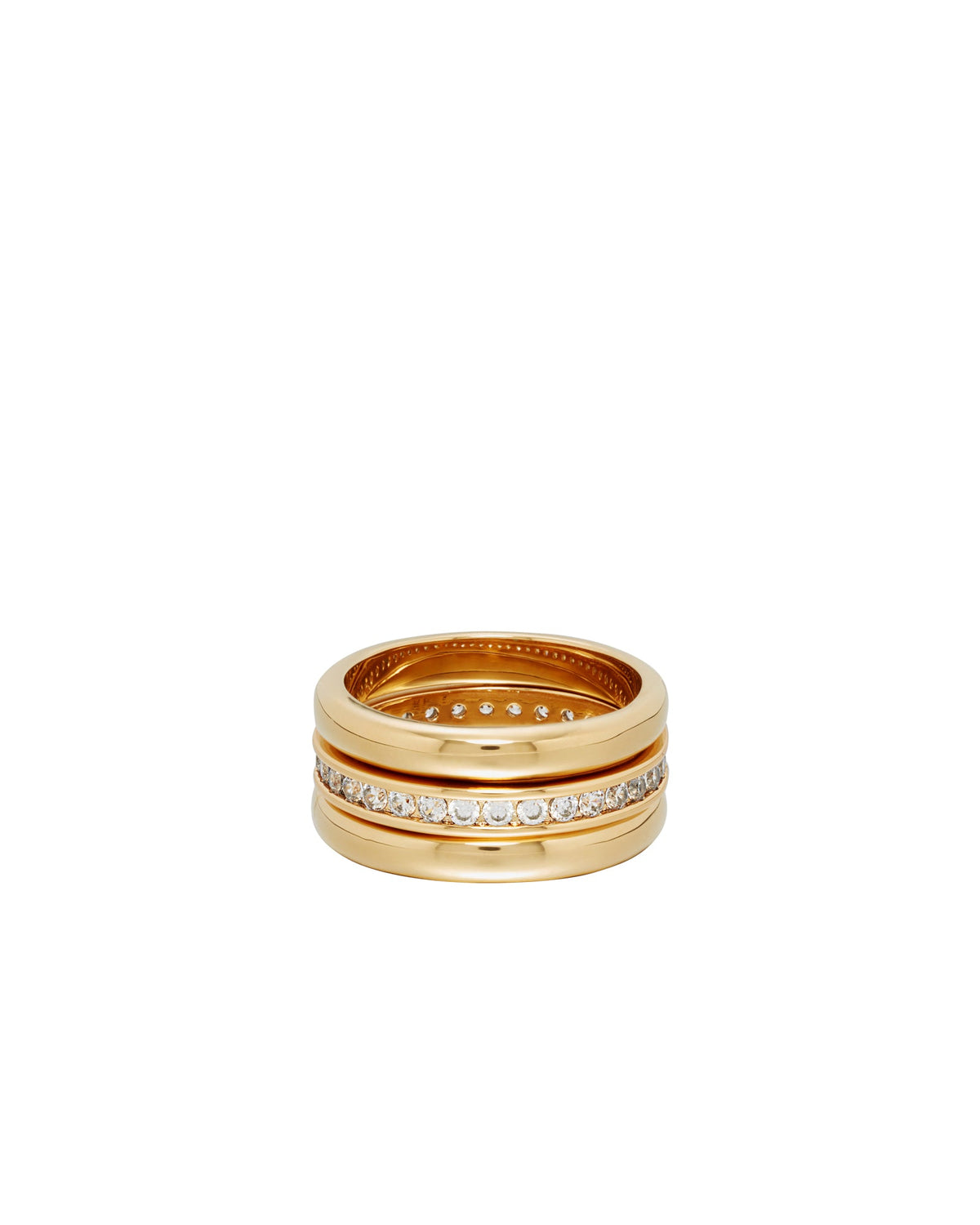 Front view of The Luminaries Ring Stack showcasing gold plated brass bands with crystal detailing on a white background