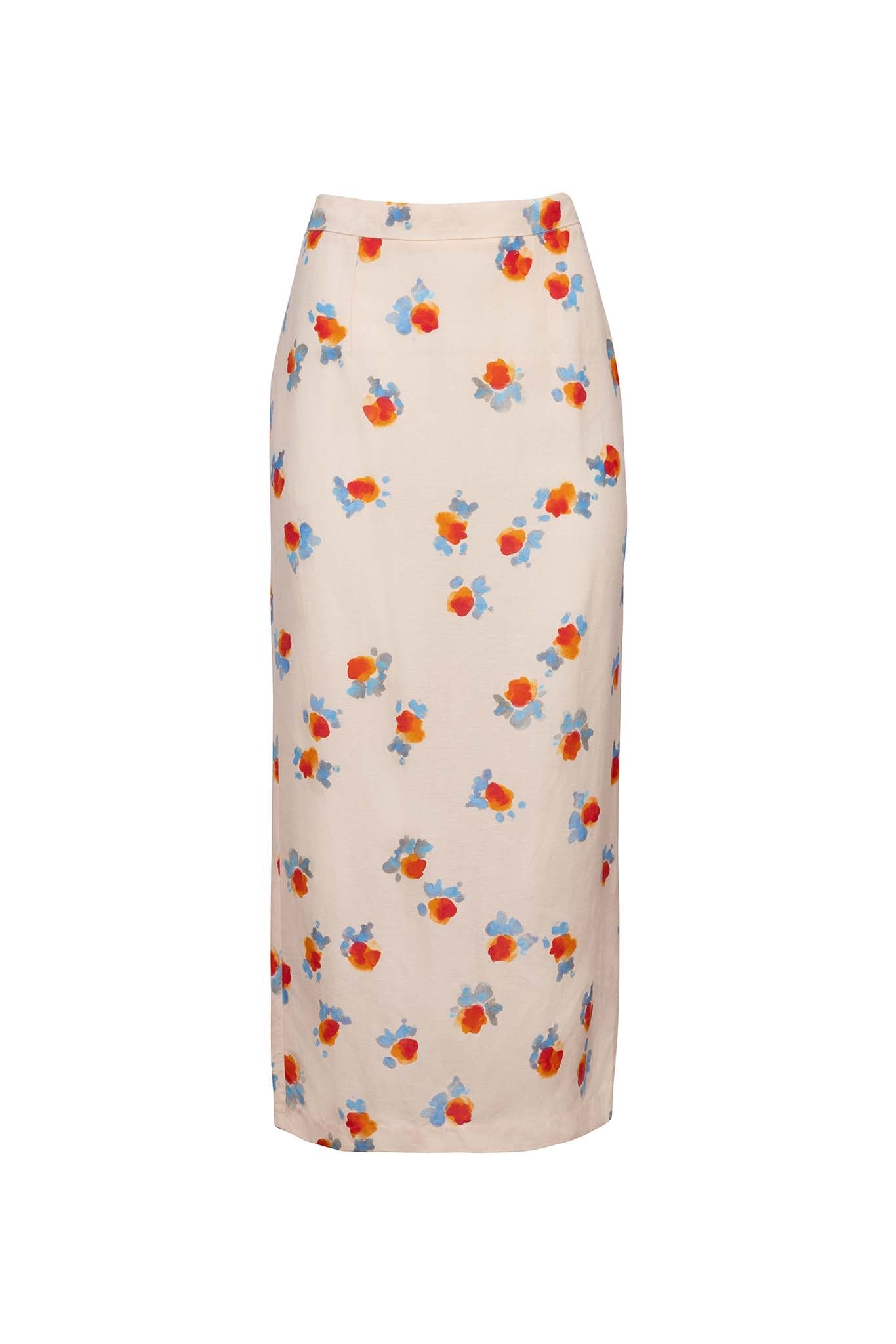 The Isla Skirt is fitted at the waist with a straight cut in a linen-blend watercolor floral print.