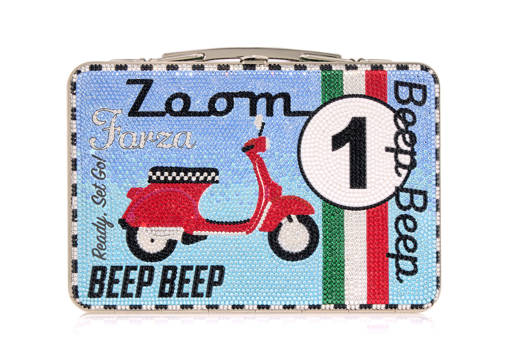 Front view of Beep Beep Lunch Box Clutch with crystal-covered red scooter motif and Italian flag stripes