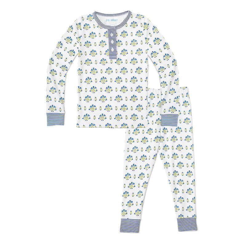 Kid's Posy Floral Block Two Piece Henley Pajamas in Green