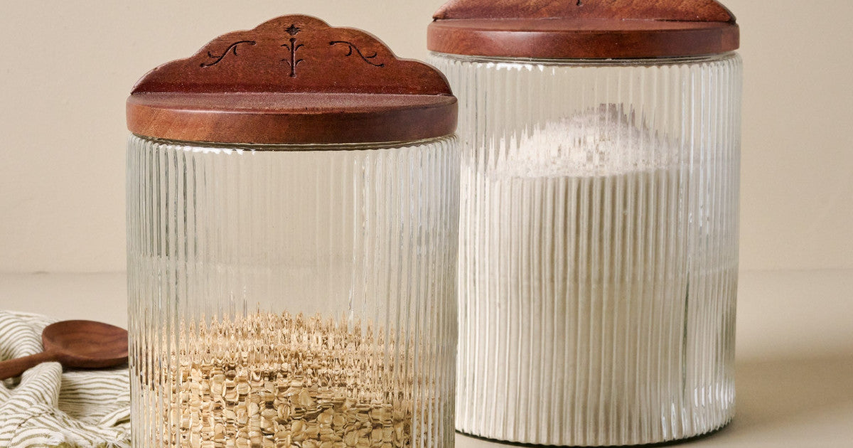 Antiqued Wood Ribbed Glass Canister