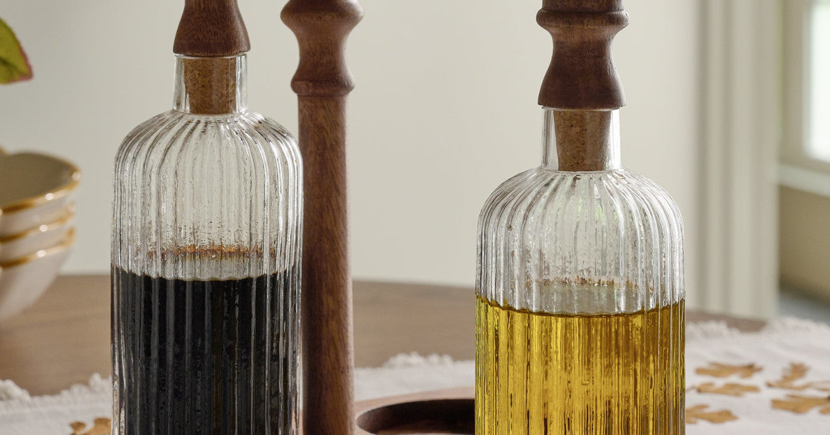 Antiqued Wood Ribbed Glass Oil & Vinegar Set