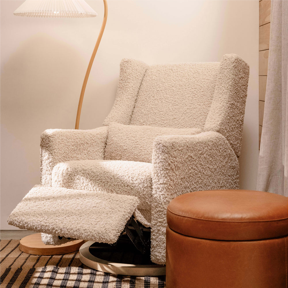 Kiwi Electronic Recliner and Swivel Glider with USB port in Almond Teddy Loop with Light Wood Base