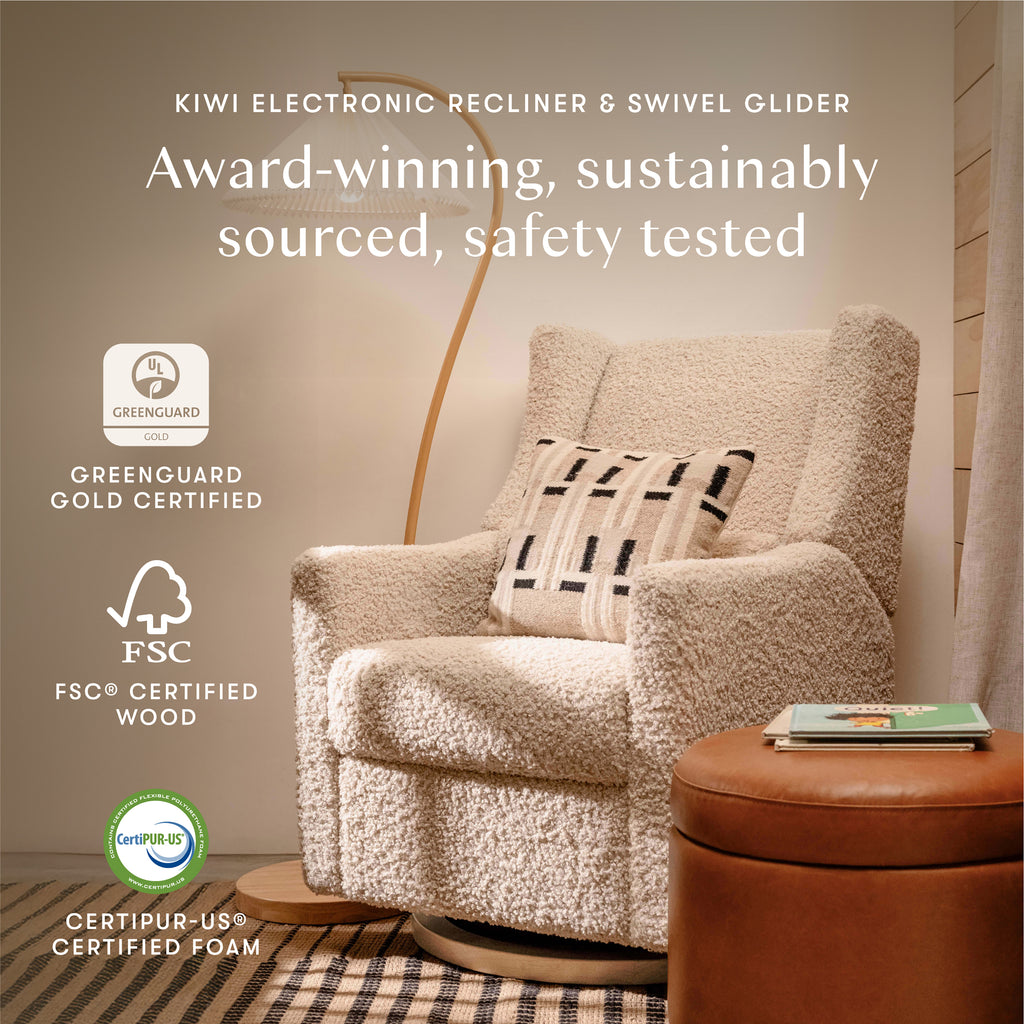Kiwi Electronic Recliner and Swivel Glider with USB port in Almond Teddy Loop with Light Wood Base