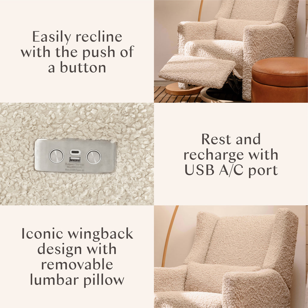 Kiwi Electronic Recliner and Swivel Glider with USB port in Almond Teddy Loop with Light Wood Base