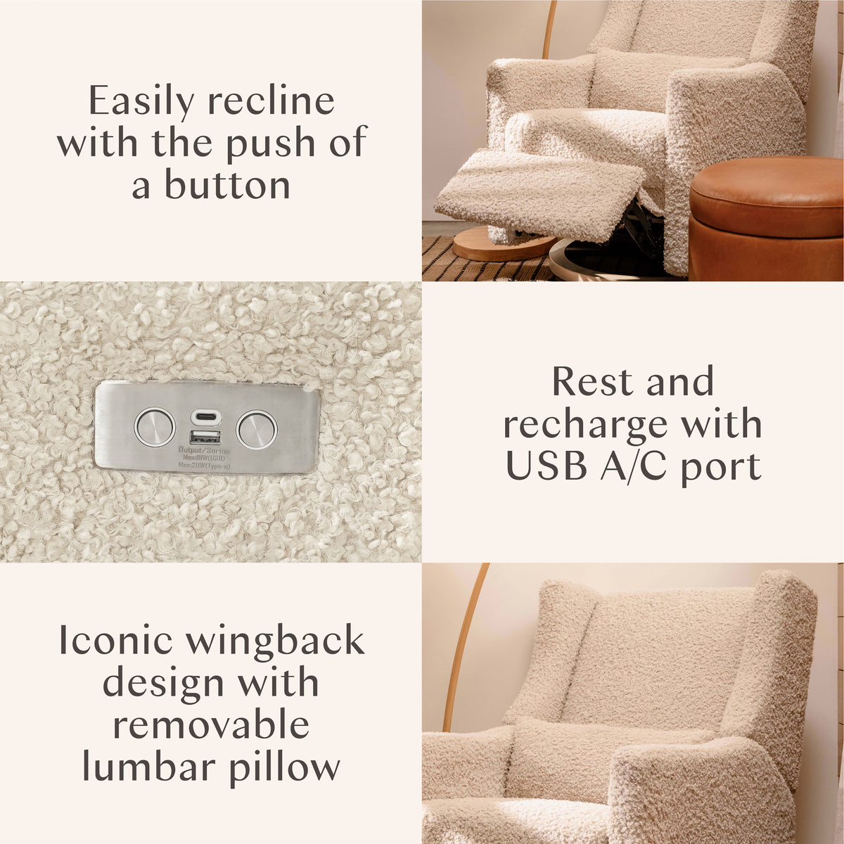 Kiwi Electronic Recliner and Swivel Glider with USB port in Almond Teddy Loop with Light Wood Base