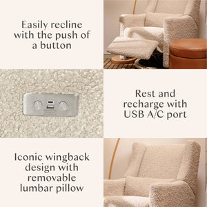 Kiwi Electronic Recliner and Swivel Glider with USB port in Almond Teddy Loop with Light Wood Base