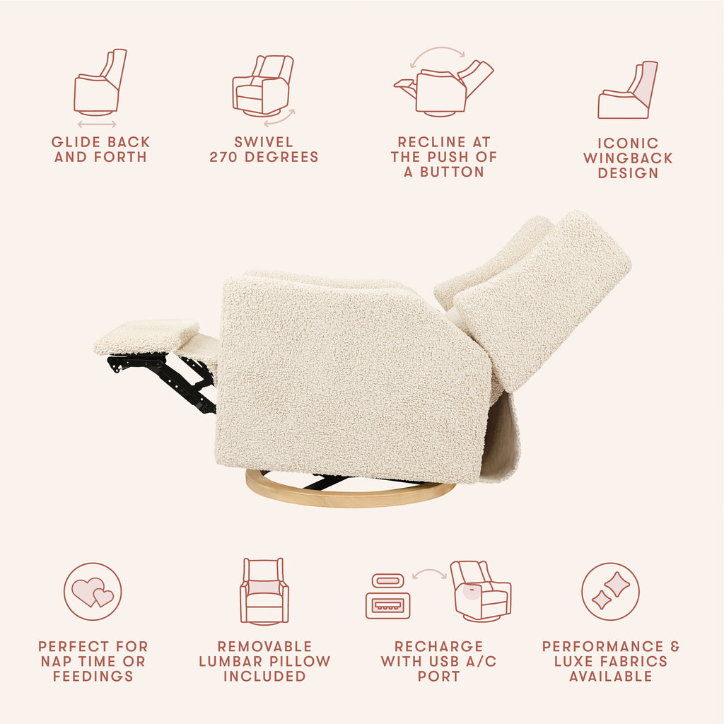 Kiwi Electronic Recliner and Swivel Glider with USB port in Almond Teddy Loop with Light Wood Base