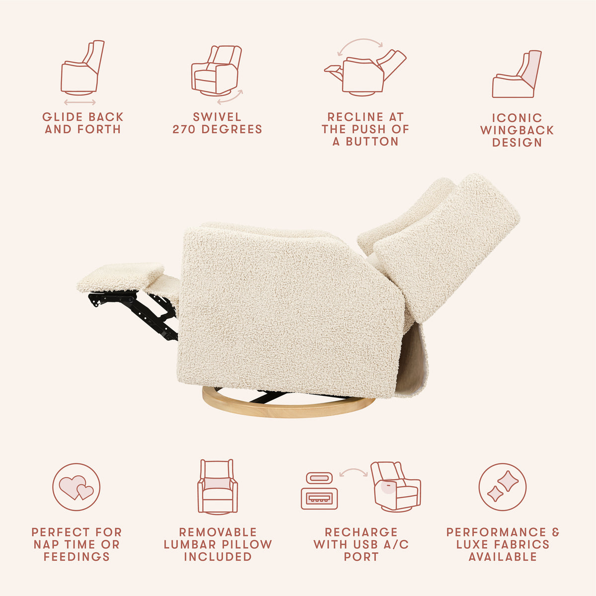 Kiwi Electronic Recliner and Swivel Glider with USB port in Almond Teddy Loop with Light Wood Base