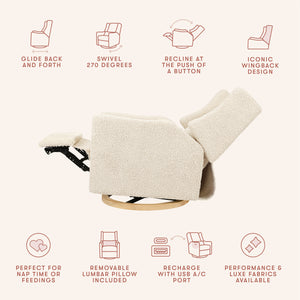 Kiwi Electronic Recliner and Swivel Glider with USB port in Almond Teddy Loop with Light Wood Base