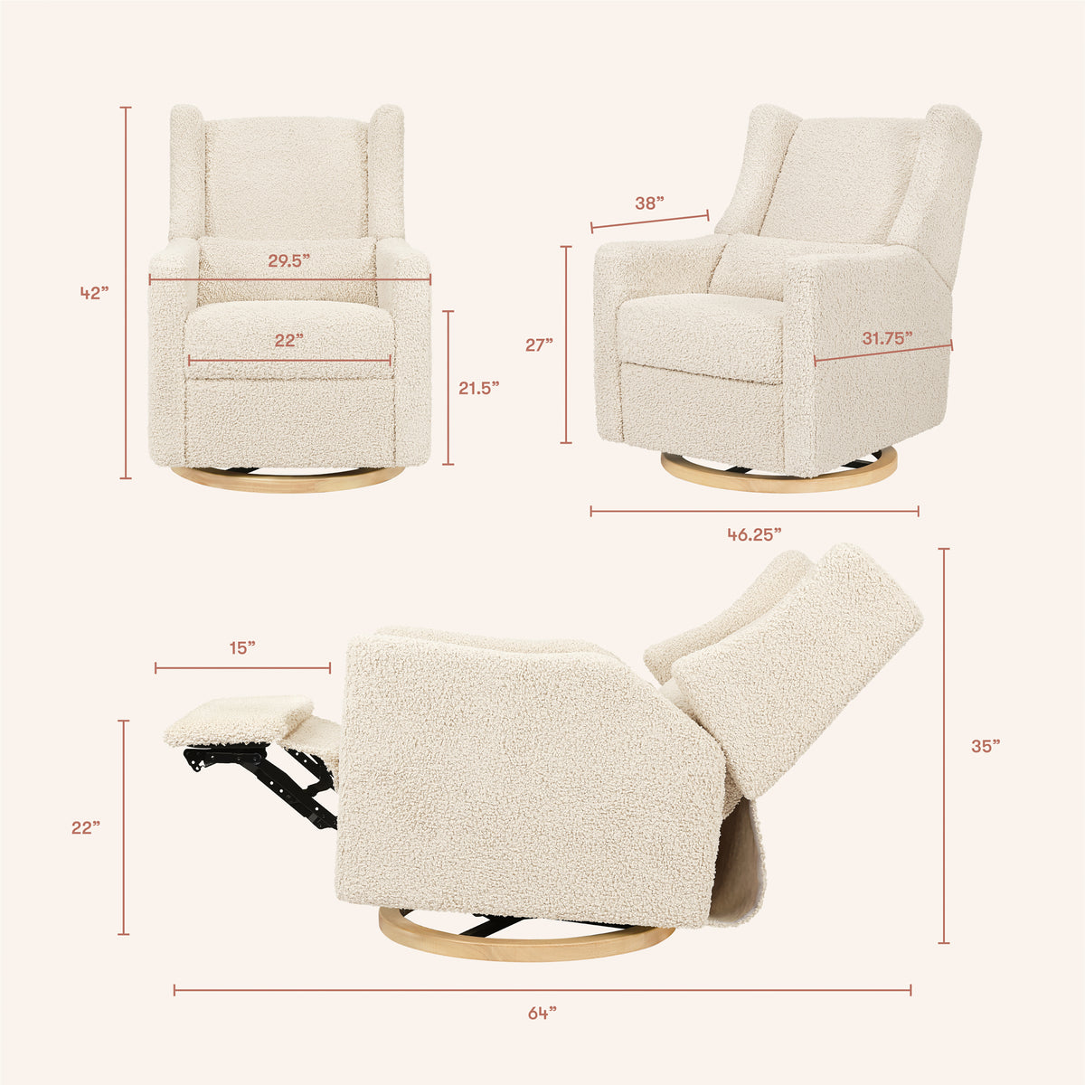 Kiwi Electronic Recliner and Swivel Glider with USB port in Almond Teddy Loop with Light Wood Base