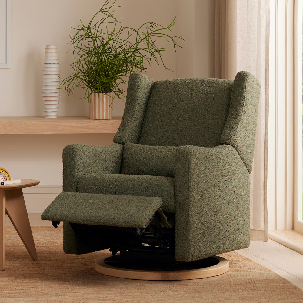 Kiwi Electronic Recliner and Swivel Glider with USB port in Olive Boucle with Light Wood Base