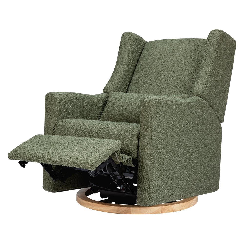 Kiwi Electronic Recliner and Swivel Glider with USB port in Olive Boucle with Light Wood Base