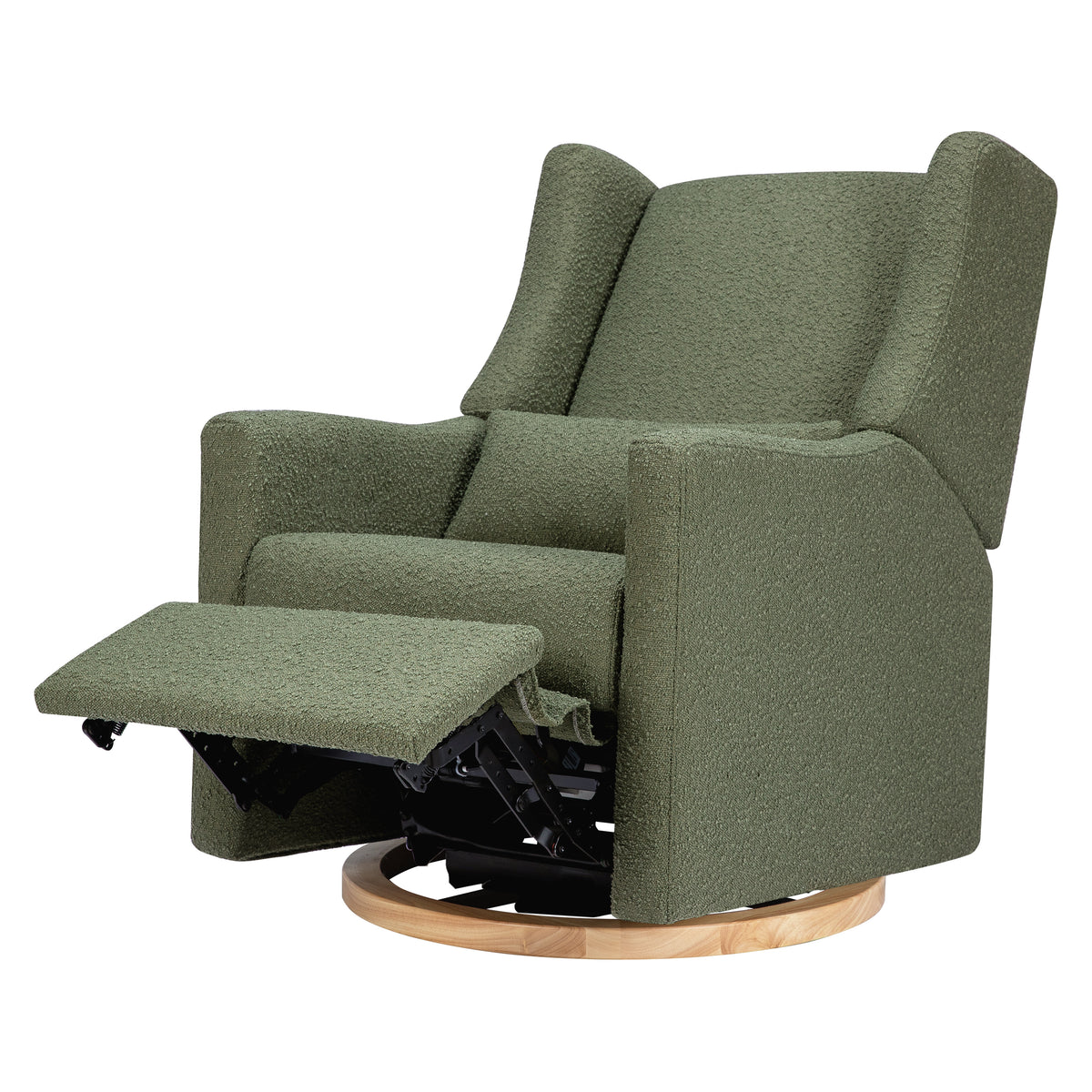Kiwi Electronic Recliner and Swivel Glider with USB port in Olive Boucle with Light Wood Base