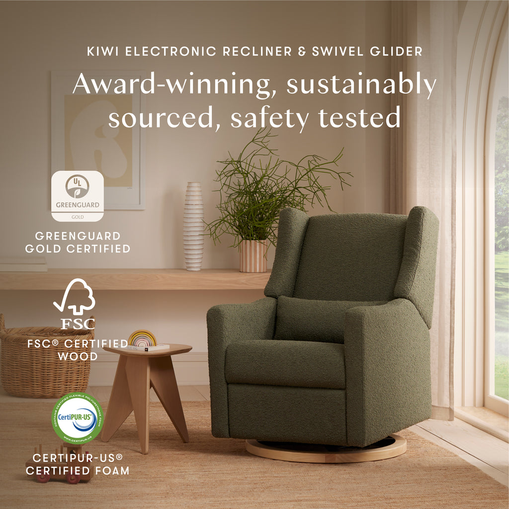 Kiwi Electronic Recliner and Swivel Glider with USB port in Olive Boucle with Light Wood Base