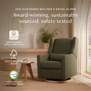 Kiwi Electronic Recliner and Swivel Glider with USB port in Olive Boucle with Light Wood Base
