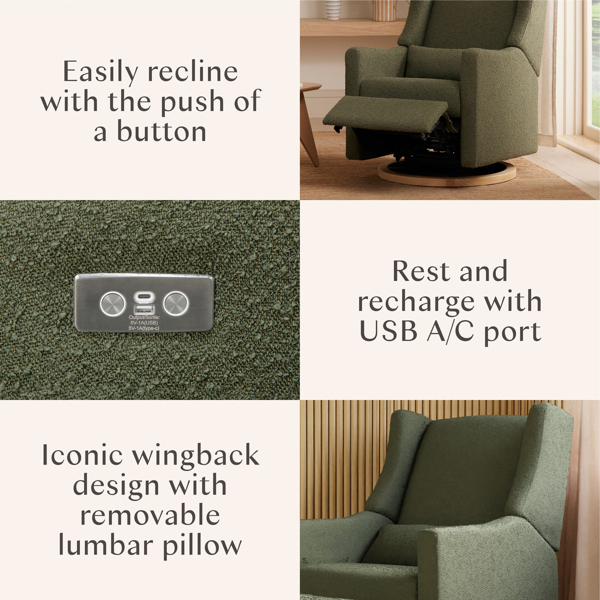 Kiwi Electronic Recliner and Swivel Glider with USB port in Olive Boucle with Light Wood Base