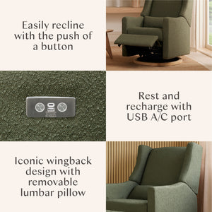 Kiwi Electronic Recliner and Swivel Glider with USB port in Olive Boucle with Light Wood Base