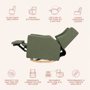 Kiwi Electronic Recliner and Swivel Glider with USB port in Olive Boucle with Light Wood Base