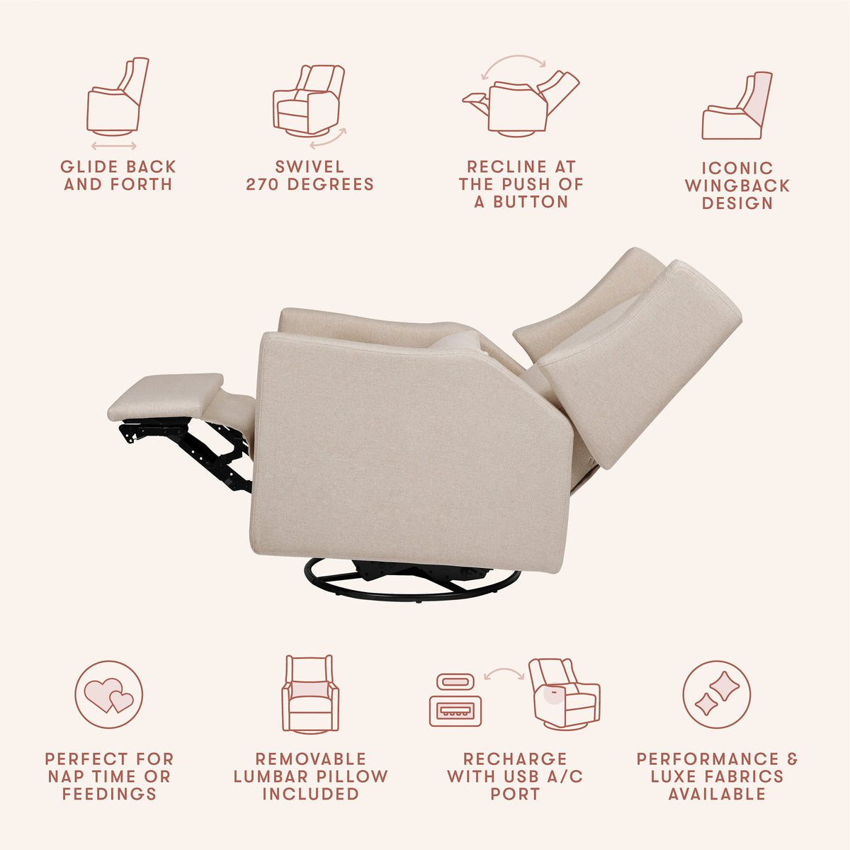 Kiwi Electronic Recliner and Swivel Glider with USB port in Performance Beach Eco-Weave