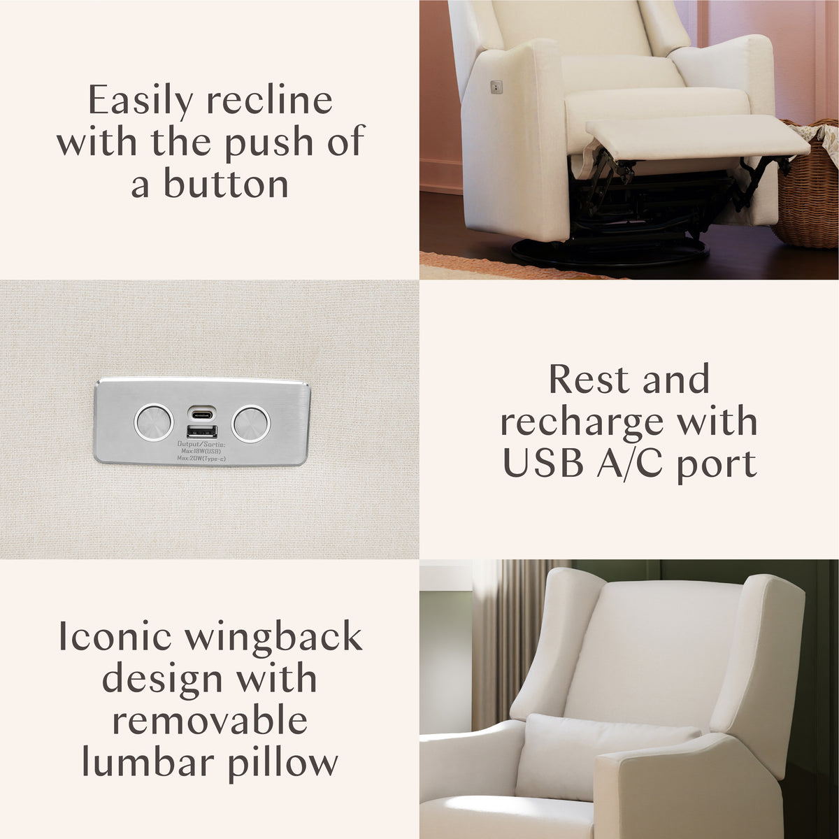 Kiwi Electronic Recliner and Swivel Glider with USB port in Performance Cream Eco-Weave