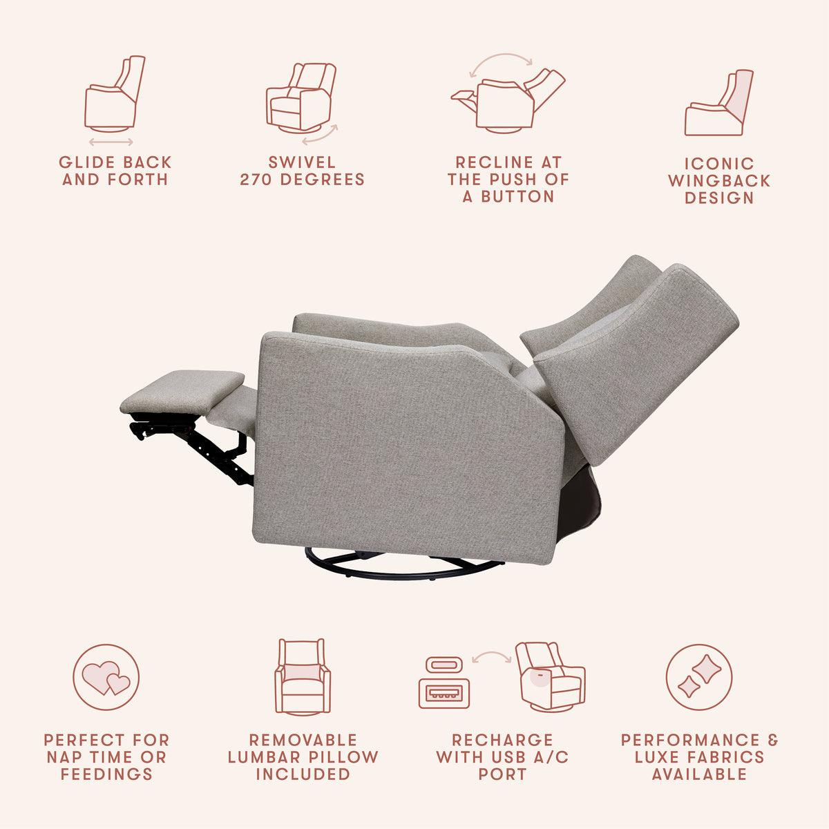 Kiwi Electronic Recliner and Swivel Glider with USB port in Performance Grey Eco-Weave