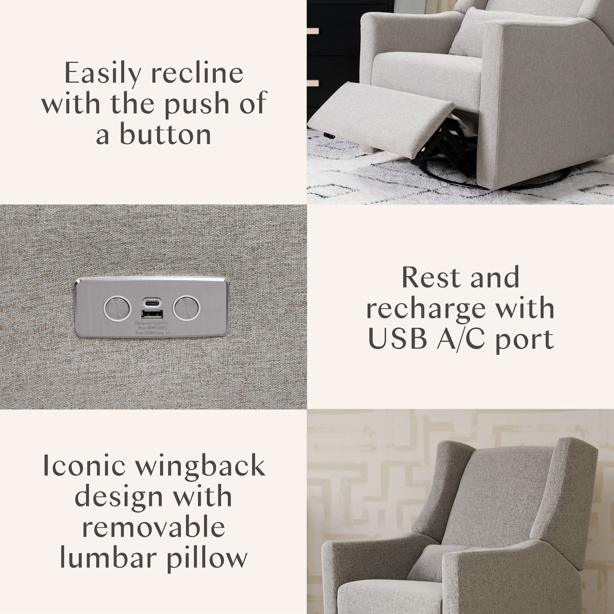 Kiwi Electronic Recliner and Swivel Glider with USB port in Performance Grey Eco-Weave