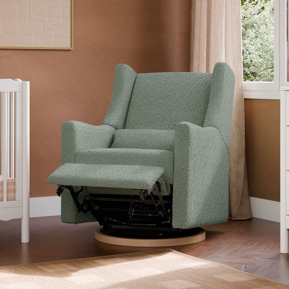 Kiwi Electronic Recliner and Swivel Glider with USB port in Sage Teddy Loop with Light Wood Base