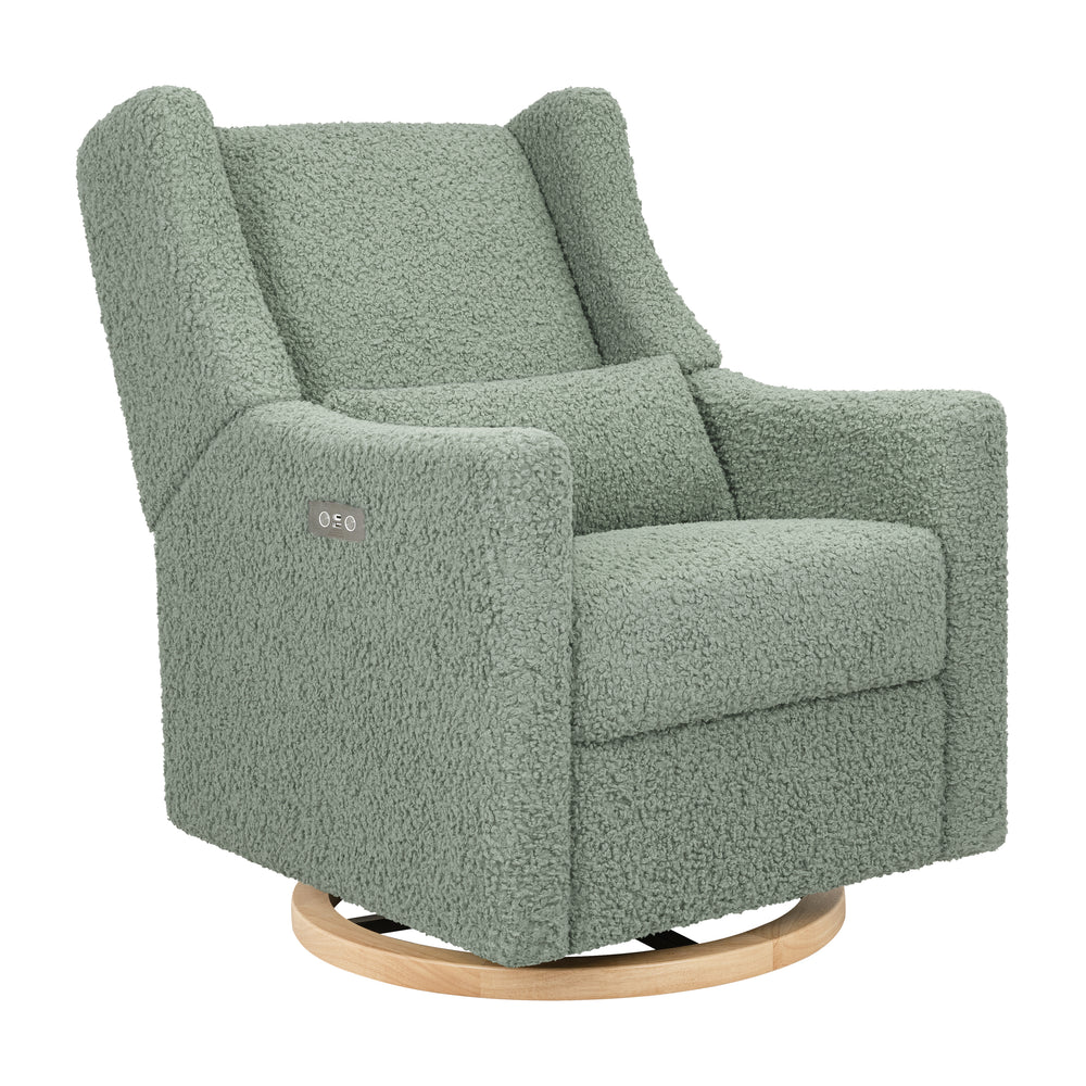 Kiwi Electronic Recliner and Swivel Glider with USB port in Sage Teddy Loop with Light Wood Base