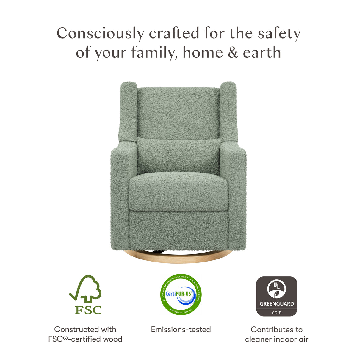 Kiwi Electronic Recliner and Swivel Glider with USB port in Sage Teddy Loop with Light Wood Base