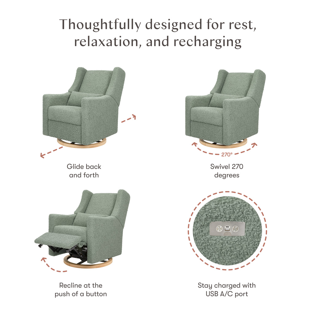 Kiwi Electronic Recliner and Swivel Glider with USB port in Sage Teddy Loop with Light Wood Base