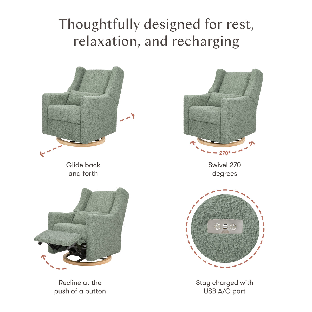 Kiwi Electronic Recliner and Swivel Glider with USB port in Sage Teddy Loop with Light Wood Base
